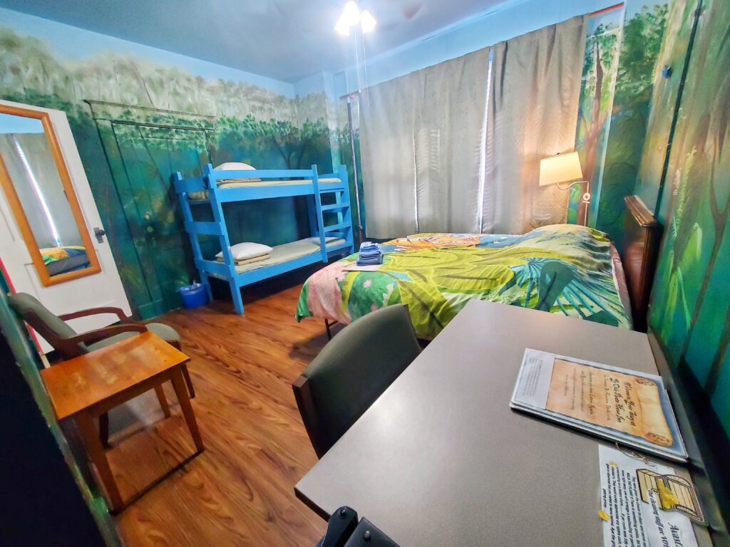 Room 6, The Jungle room, highlighting the desk, bunk bed, and king bed.